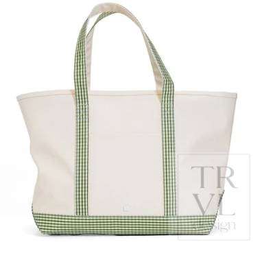 Maxi Tote Coated Canvas Large Natural With Gingham Moss Trim