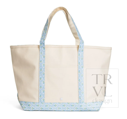 Maxi Tote Coated Canvas Large Natural With Petite Fleur Blue Trim