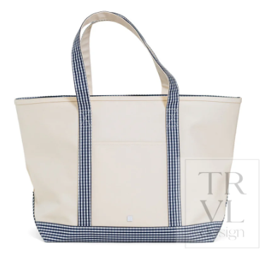 Maxi Tote Coated Canvas Large Natural With Gingham Navy Trim