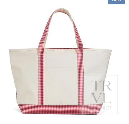 Maxi Tote Coated Canvas Large Natural With Gingham Red Trim
